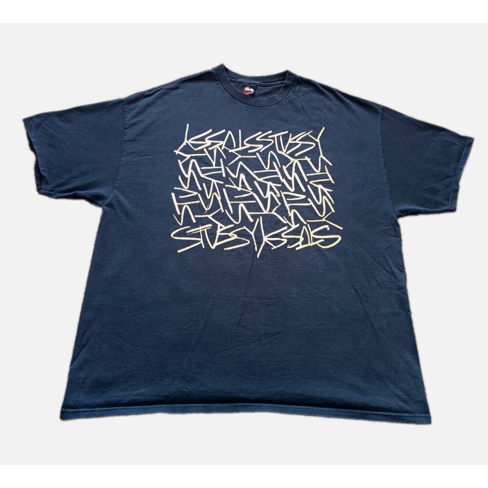 Vintage 00s Stussy Eric Haze Graffiti Graphic Tee Shirt Black Gold Men's 2XL